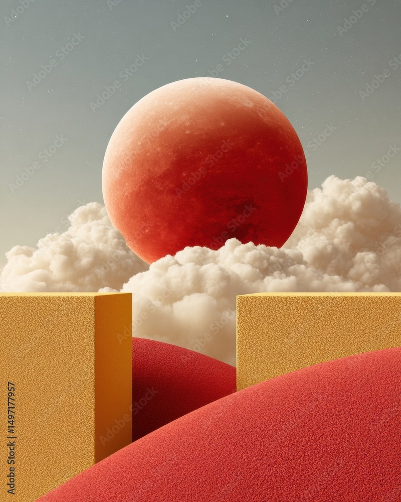 Poster surreal geometric dreamscape abstract minimalist blood moon with sculptural volumetric clouds - inno