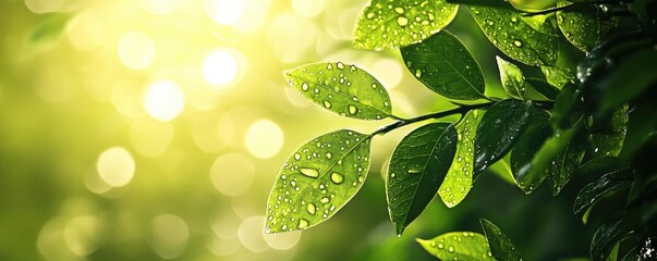 Fresh green leaves glistening with morning dew