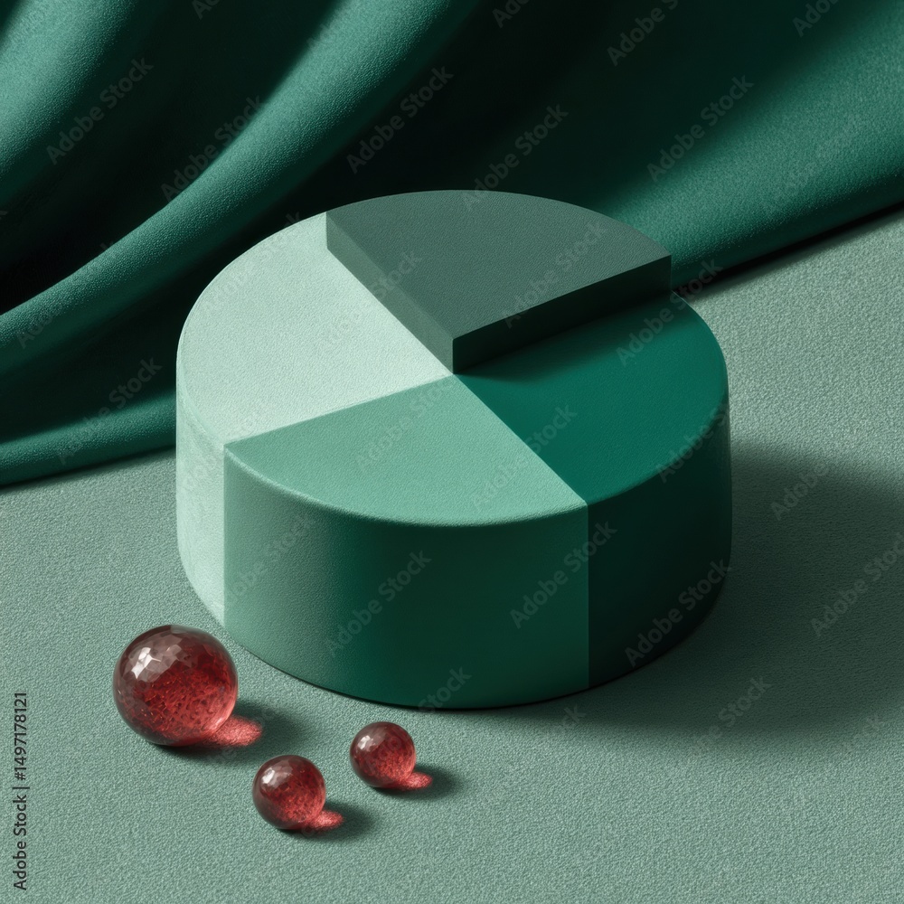 Poster minimalist financial strategy visualization elegant pie chart with jewel-toned spheres - modern inve