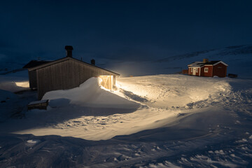 Helags Mountain station in Jämtland, Sweden, during a cold and windy night in March.