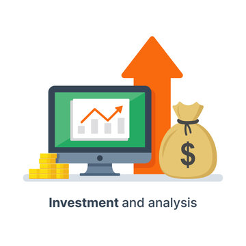 Investment growth, financial analysis, hedge fund, venture business, mutual fund, trust management, interest rate, capital growth, data review on desktop, stock market and exchange, accountancy icon