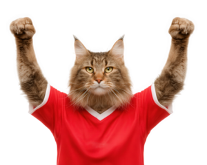 Maine Coon cat wearing red sports jersey raises its paws in celebration, exuding excitement and team spirit. This playful feline embodies joy of sports and camaraderie
