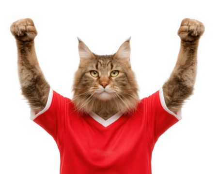 Maine Coon cat wearing red sports jersey raises its paws in celebration, exuding excitement and team spirit. This playful feline embodies joy of sports and camaraderie