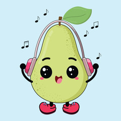 Cute And Sweet Pear Cartoon Listening Music Happily Clipart Illustration