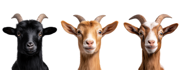 set of portrait of brown and white goat isolated on a transparent background