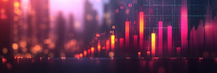 Vibrant, Upward Trending Candlestick Chart Against Defocused City Lights Stock Market Background