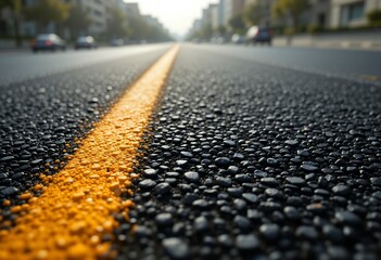 Close up of textured asphalt road surface with yellow dividing line in urban setting