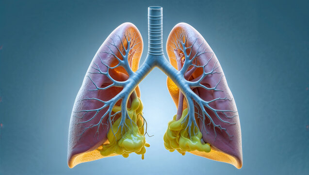 A detailed illustration of human lungs highlighting bronchial inflammation, mucus, and constriction during an asthma attack.