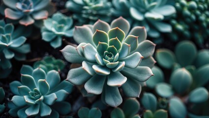 Vibrant succulent plants with thick, fleshy leaves forming rosettes, close-up. Indoor gardening, drought-tolerant plants, and botanical care. Growing succulents and plant cultivation.