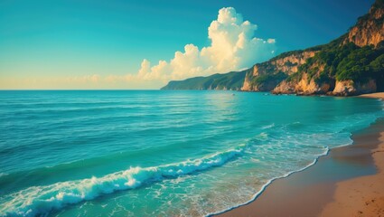 A scenic beach view with turquoise water, waves, and a lush green cliff under a bright sky with clouds.