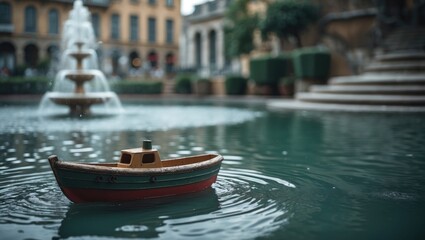 Obraz premium Small boat floating in water with city buildings and fountain in the background