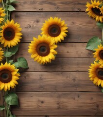 Vibrant sunflowers arranged on rustic wooden board, artwork, plants