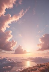 Soft pastel clouds surrounding a gentle sun, idyllic scene, scene, gentle, heavenly