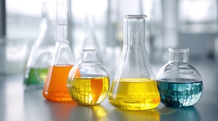 Colorful Chemical Solutions In Laboratory Glassware. Scientific Research And Experimentation