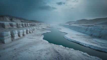 Naklejka premium A landscape of white terraces and a water channel under a cloudy sky, resembling a natural formation.