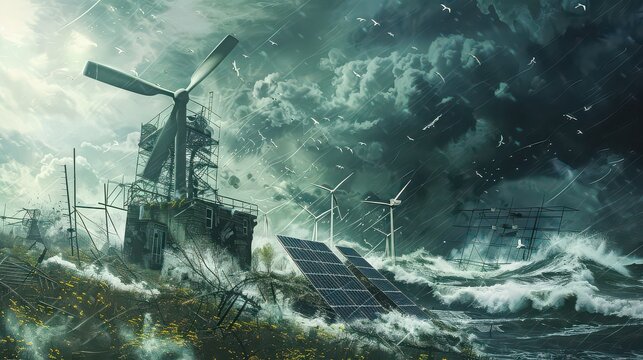 Wind turbines and solar panels in a stormy seascape with birds flying above the rough waterscape scene - Powered by Adobe
