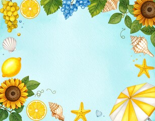 Wakacyjne, śródziemnomorskie tło z kwiatami słonecznika, muszlami, rozgwiazdami, parasolem, kiściami winogron i miejscem na tekst. Obramowanie, ilustracja, grafika