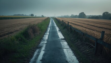 A rural dirt road with puddles, flanked by fields and a wooden fence, under a cloudy sky. Landscape and agriculture scene. Nature and rural environment.