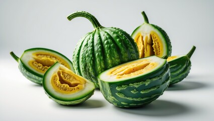 Watermelon and melon hybrid fruit with green rind and yellow flesh, sliced open to reveal the insides. (KEY WORDS: watermelon, melon, fruit)