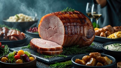 Freshly cooked ham with sliced portions, garnished with herbs, served alongside various side dishes and beverages for a hearty meal.