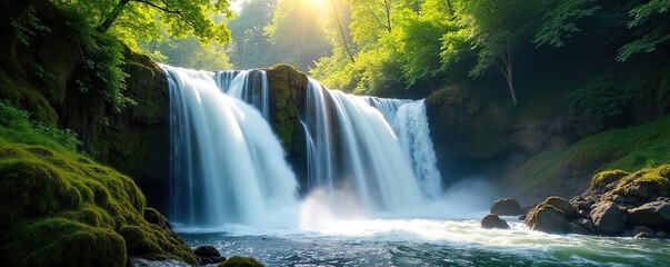 Naklejka premium Serene waterfall cascading down mossy rocks, creating a misty spray Sunlight filters through the lush green foliage surrounding the powerful, flowing water , forest, stream