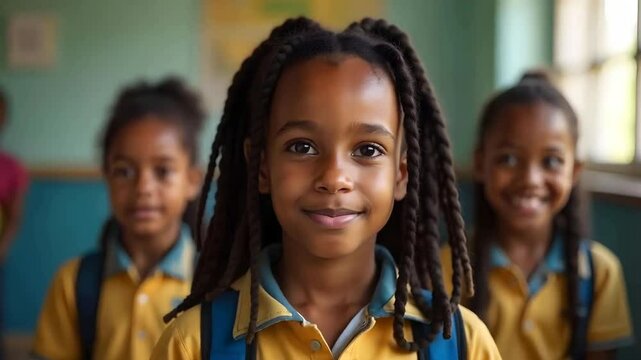 A mixed race girl , brown skin , 14 years old, dreadlocks , smiling, with two girls behind her, in a school