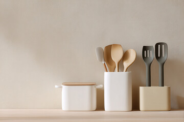 flat lay of stylish kitchen utensils arranged in minimalistic design