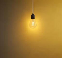 Bright yellow wall, single hanging lightbulb casts soft glow , golden, yellow background, fixture