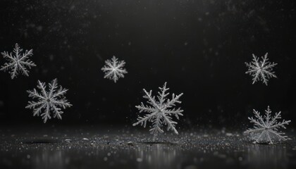 Delicate snowflakes falling against a pure black backdrop ,  winter wonderland,  minimalism
