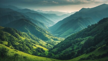Obraz premium Green mountains and valleys in a scenic landscape with lush foliage and misty peaks.