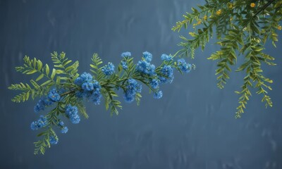 Vibrant blue banner, delicate mimosa branch, spring  , march, springtime