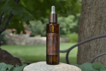 Amber Glass Bottle with Dropper Nature Background Essential Oil Product Mockup