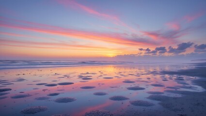 Fototapeta premium A serene sunset over the ocean with colorful sky and reflections on the water's surface. Coastal scene with calm waves and dramatic cloud formations.