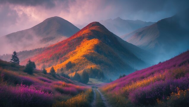 Colorful mountain landscape during sunset with vibrant purple and orange hues on the hills and misty sky in the background.