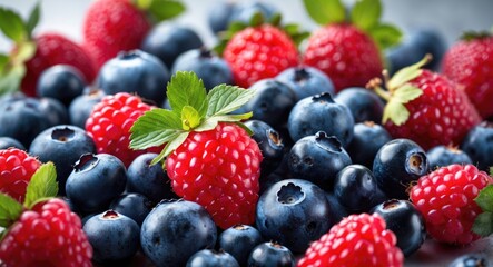 Fresh berries, including raspberries and blueberries, with green mint leaves, close-up.