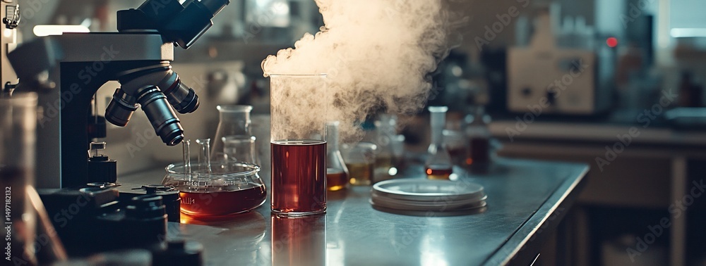 Poster Steaming beaker and microscope in a lab.