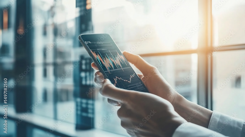 Poster close-up of hands holding smartphone displaying stock market graph near window.