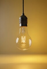 Single light bulb suspended, bright yellow background  ,  warm glow,  single point of light,  minimal