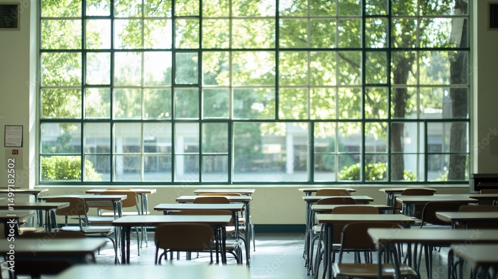 Poster empty classroom with desks and large window overlooking green trees.