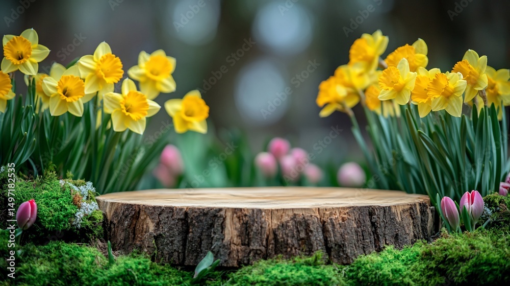 Poster wooden slice with daffodils and tulips.