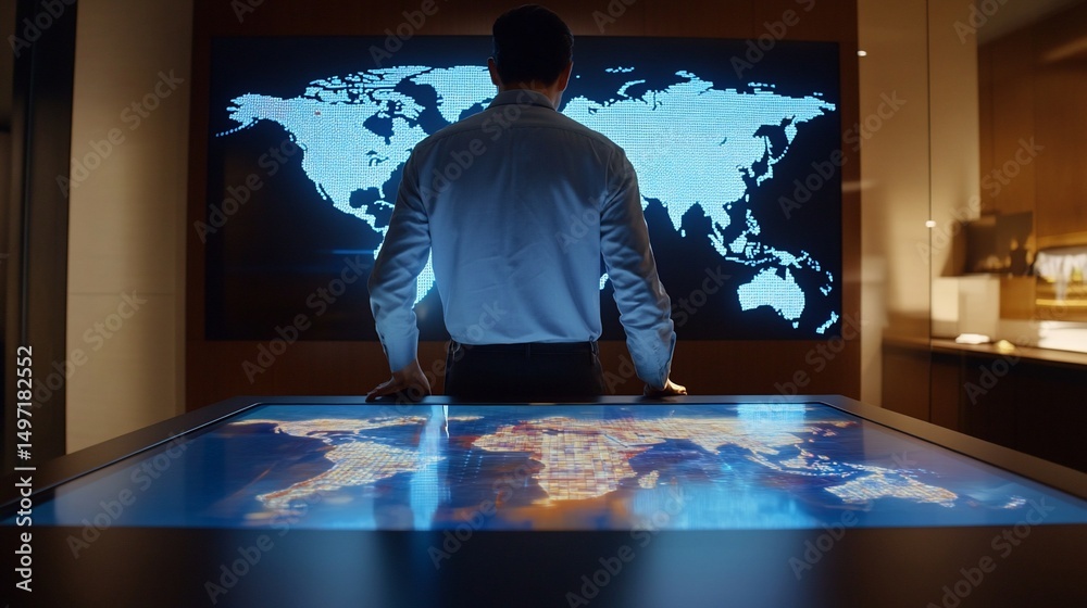 Aufkleber Man examining interactive world map on large screen and table.
