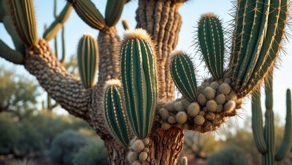 Cactus plant with multiple elongated green stems and round clusters of spines, set against a desert landscape with trees in the background.
