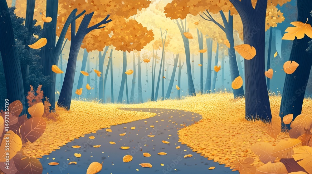 Poster winding path through autumn forest with falling leaves.