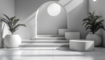 Minimalist White Interior Design with Archway and Plant Accents