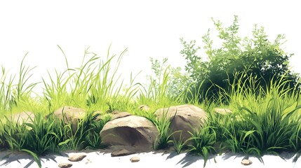 Obraz premium Illustration of a section of land with various shades of green grass and light-gray rocks.