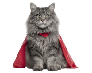 Majestic Maine Coon cat wearing flowing red superhero cape, exuding confidence and charm. This feline superhero captures attention with its striking fur and expressive eyes, embodying playful