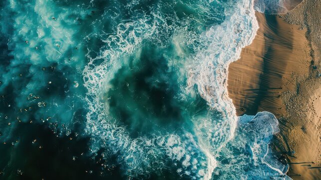 Aerial view of ocean waves crashing on sandy beach with people swimming in the turquoise water