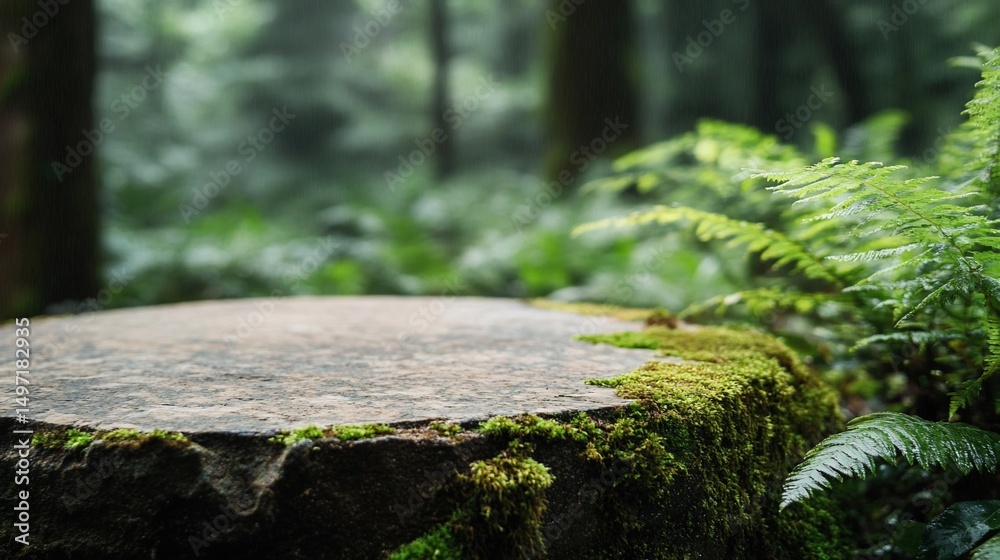 Poster mossy tree stump in a lush forest, ideal for product display.