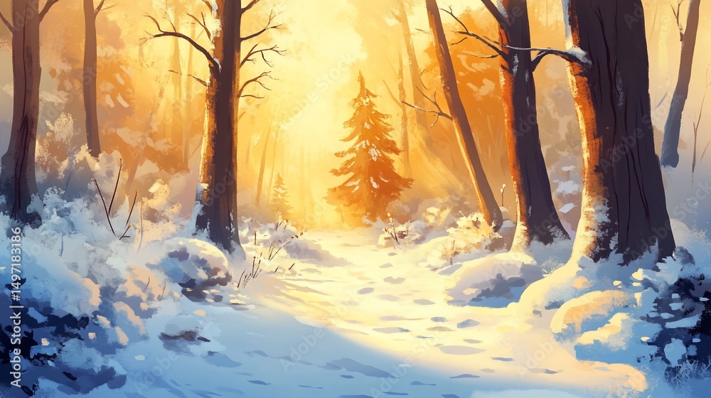 Poster sunlit path through snowy winter forest.