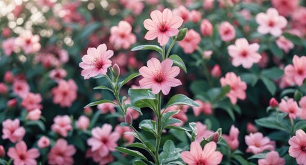Fototapeta premium Pink flowers with green leaves in a lush garden setting.